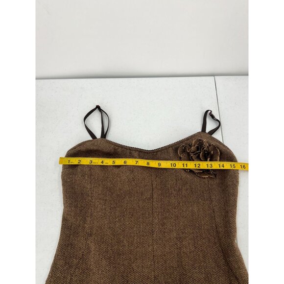 Benetton M Brown Herringbone Dress Wool Blend Flower Y2K Slip Jumper Made Italy - Picture 6 of 12